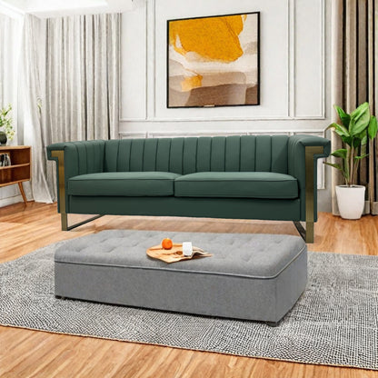 SOFA Modern Green PU Sofa with Gold Accents - Sleek Channel-Tufted Upholstery, 3-Seat Couch for Living Room and Office Decor