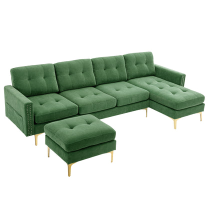 110" L-Shape Convertible Sectional Sofa Couch with Movable Ottoman for Living Room, Apartment, Office, Green