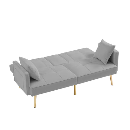 Grey Velvet Futon Sofa Bed with Gold Metal Legs