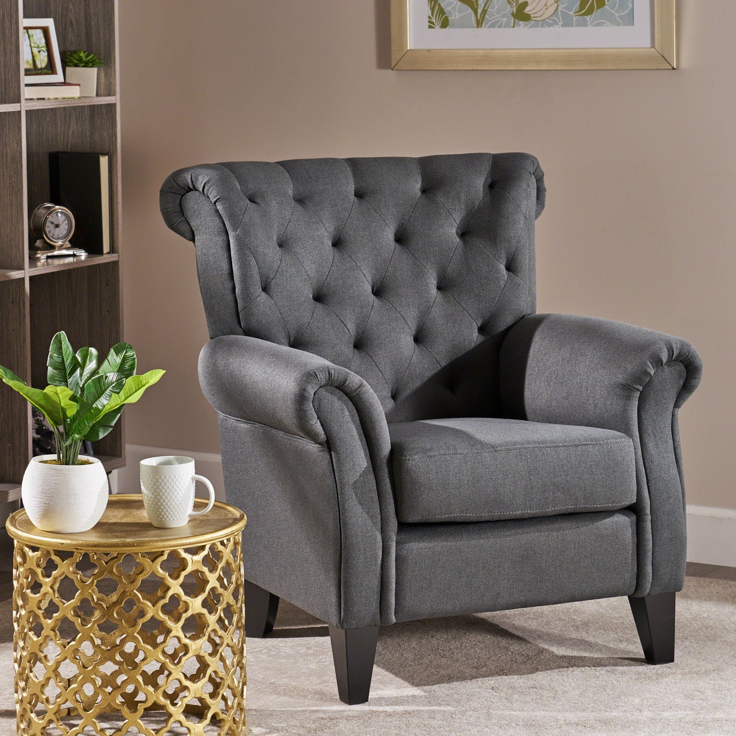 Accent Chair with Tufted Backrest, Bedroom Single Seat Arm Chair with Wooden Legs, Modern Side Chairs for Living Room