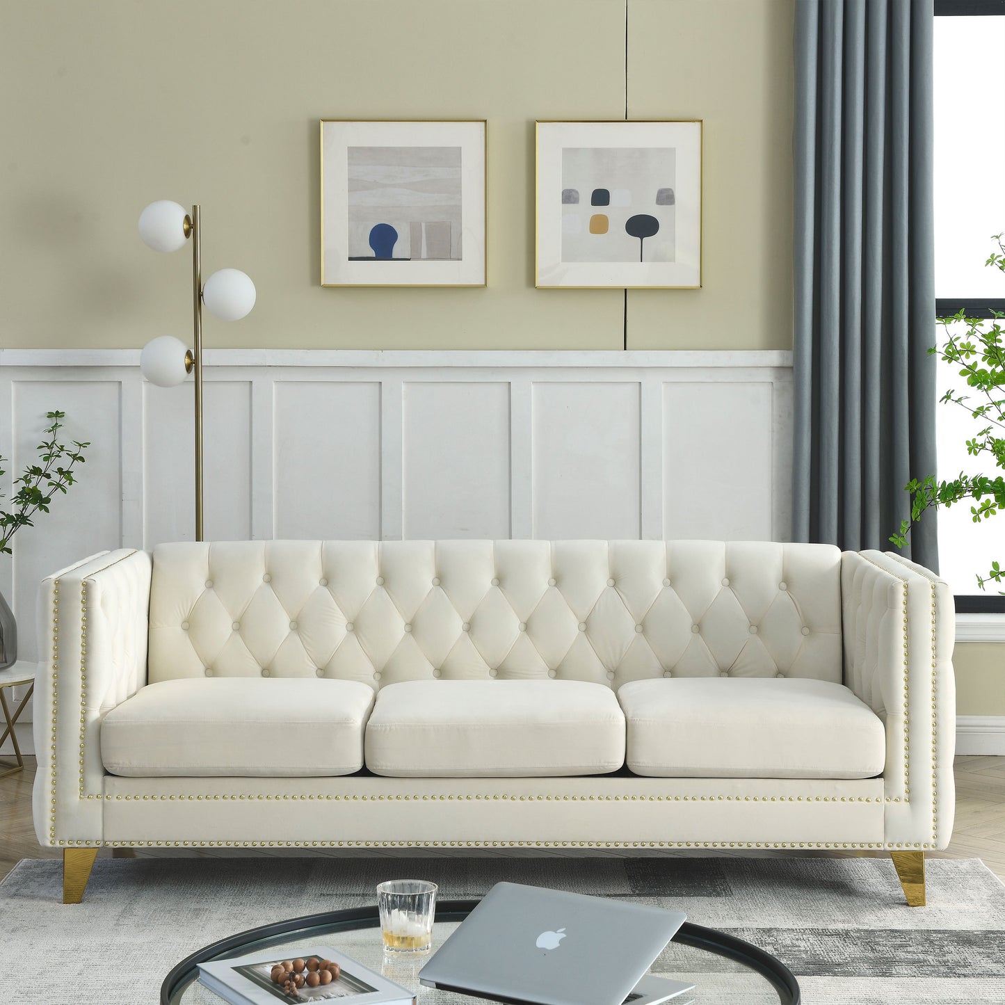 Velvet Sofa for Living Room,Buttons Tufted Square Arm Couch, Modern Couch Upholstered Button and Metal Legs, Sofa Couch for Bedroom, Beige Velvet(W834S00023)