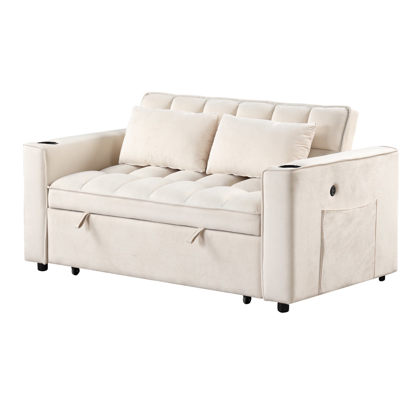 58" 4-1 Multi-functional Sofa Bed with Cup Holder and USB Port for Living Room or Apartments Milky White