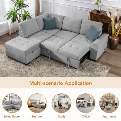 Sleeper Sectional Sofa, L-Shape Corner Couch Sofa-Bed with Storage Ottoman & Hidden Arm Storage & USB Charge for Living Room Apartment, Gray