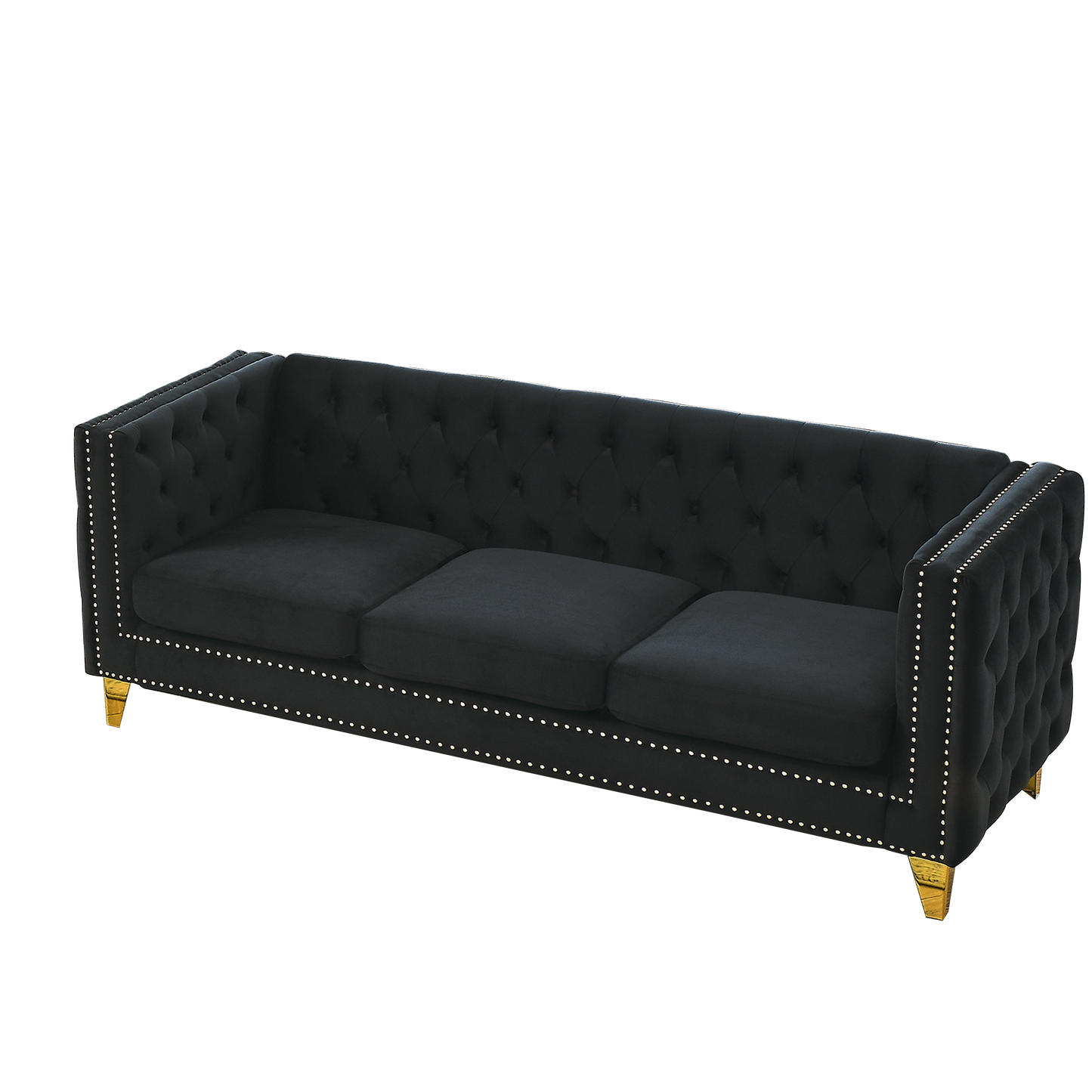 Velvet Sofa for Living Room,Buttons Tufted Square Arm Couch, Modern Couch Upholstered Button and Metal Legs, Sofa Couch for Bedroom, Black Velvet(W834S00022)