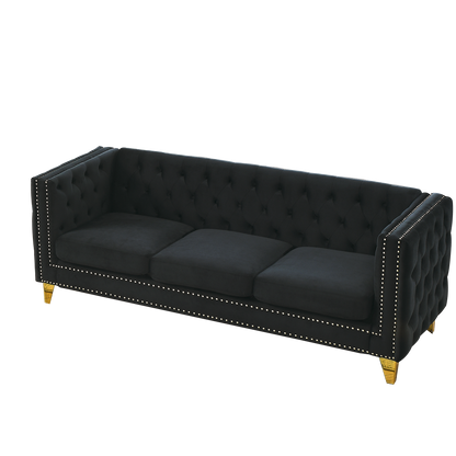 Velvet Sofa for Living Room,Buttons Tufted Square Arm Couch, Modern Couch Upholstered Button and Metal Legs, Sofa Couch for Bedroom, Black Velvet(W834S00022)