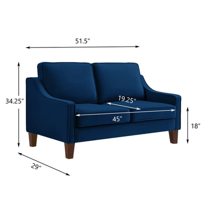 Modern Loveseat sofa for Living Room, Upholstered Velvet Small Couch with Wooden Legs for Livingroom Bedroom, Navy