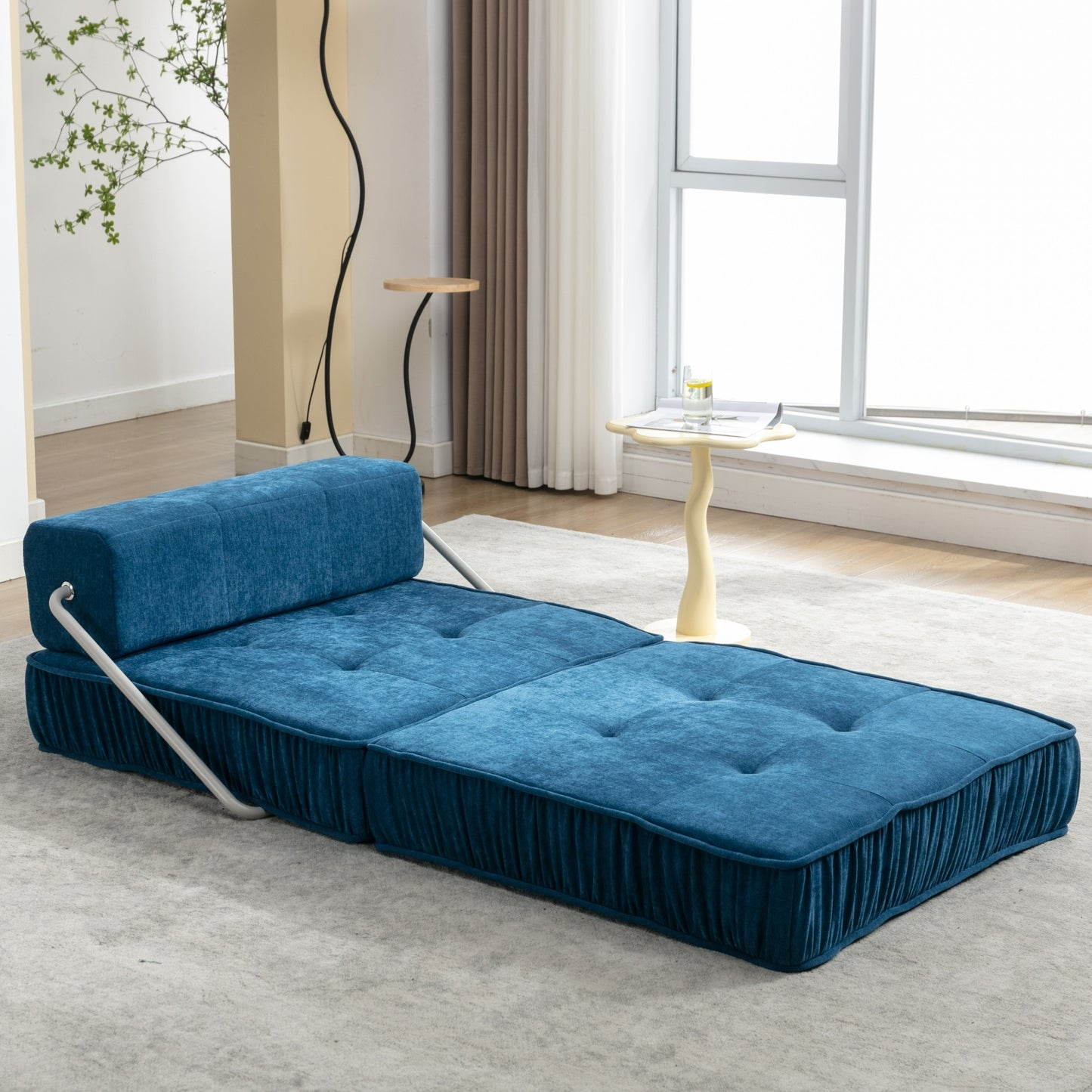 Folding Sofa Bed, Futon Sleeper Chair, Convertible Chair Floor Couch & Sleeping Mattress for Living Room, Guest Room, Home Office, Apartment, Small space, Bed, Removable Back Cushion, Blue, 1 Seat