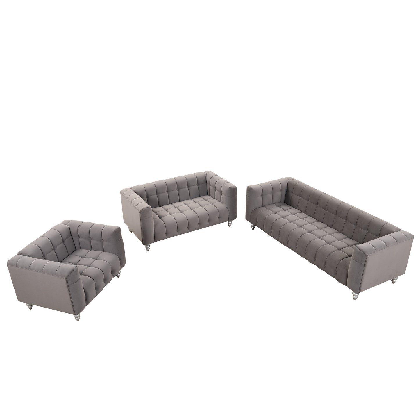 Modern 3-piece sofa set with solid wood legs, buttoned tufted backrest, Dutch fleece upholstered sofa set including three-seater sofa, double seat and living room furniture set single chair, gray