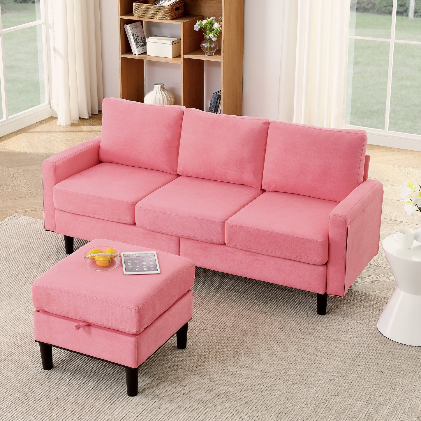 Upholstered Sectional Sofa Couch, L Shaped Couch With Storage Reversible Ottoman Bench 3 Seater for Living Room, Apartment, Compact Spaces, Fabric Pink