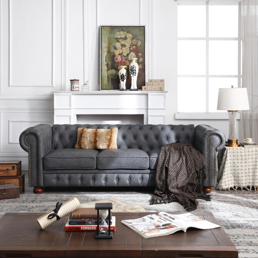 Classic Chesterfield Sofa Dark Grey Faux Leather