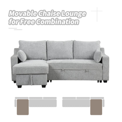 90" Pull Out Sleeper Sofa L-Shaped Couch Convertible Sofa Bed with Storage Chaise, Storage Racks and USB Ports, Light Grey