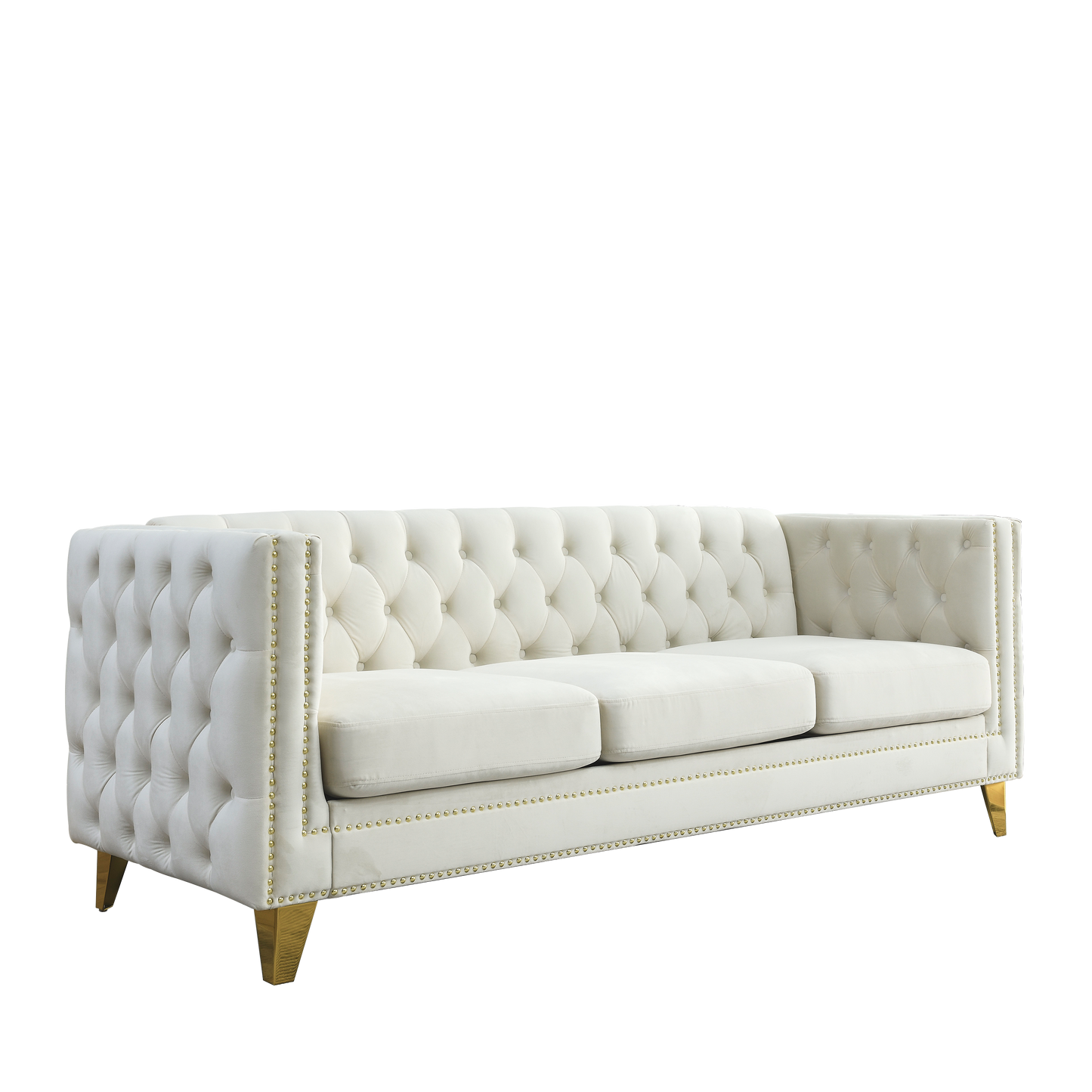 Velvet Sofa for Living Room,Buttons Tufted Square Arm Couch, Modern Couch Upholstered Button and Metal Legs, Sofa Couch for Bedroom, Beige Velvet,2PCS