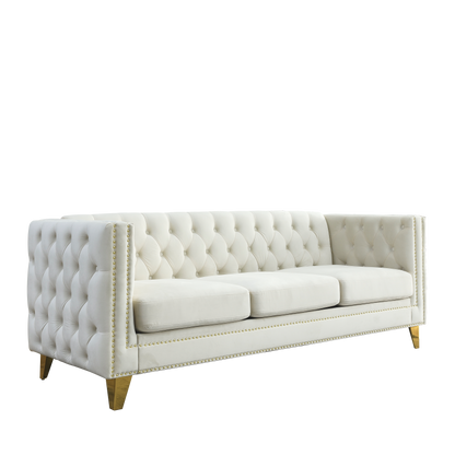 Velvet Sofa for Living Room,Buttons Tufted Square Arm Couch, Modern Couch Upholstered Button and Metal Legs, Sofa Couch for Bedroom, Beige Velvet,2PCS