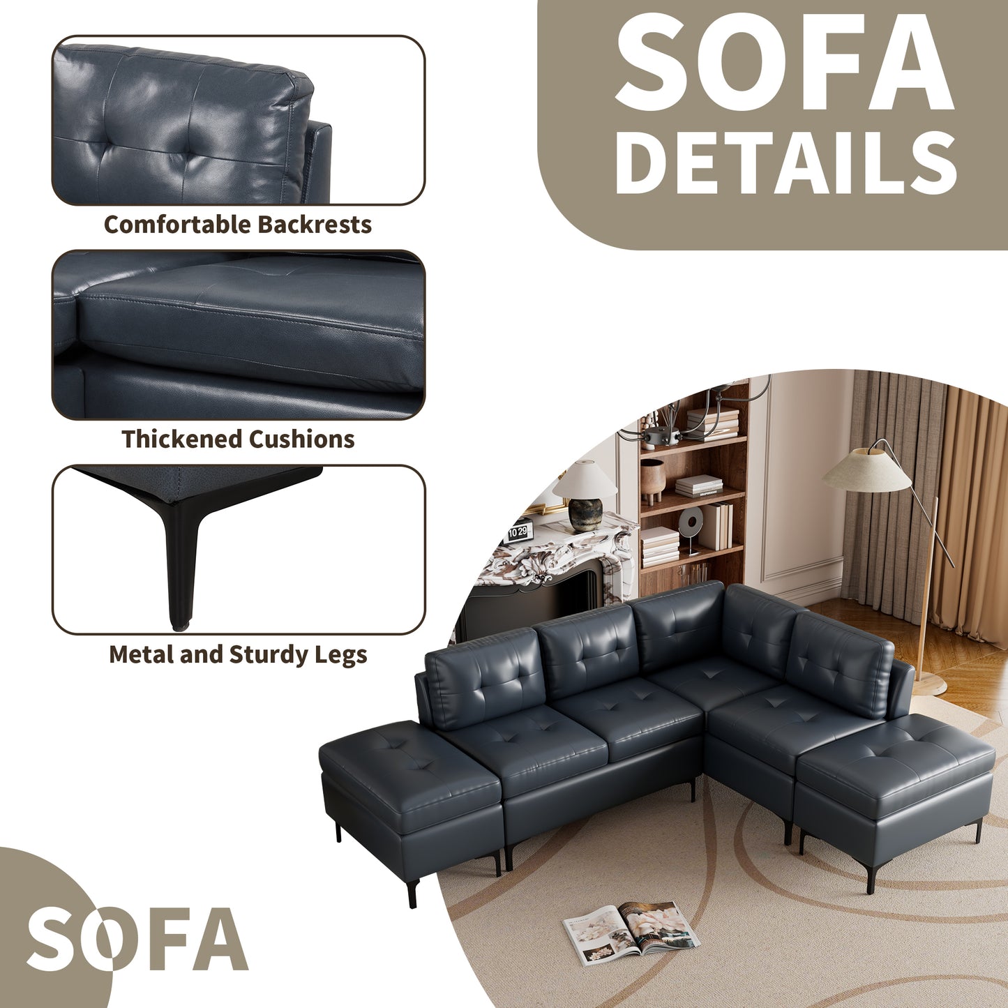 94.88" L-Shaped Corner Sofa Pu Leather Sectional Sofa Couch with Movable Storage Ottomans for Living Room, Blue