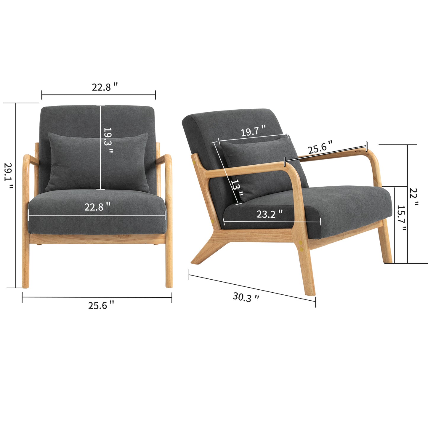 Mid Century Modern Accent Chair with Wood Frame, Upholstered Living Room Chairs with Waist Cushion, Reading Armchair for Bedroom Sunroom