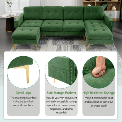 110" L-Shape Convertible Sectional Sofa Couch with Movable Ottoman for Living Room, Apartment, Office, Green