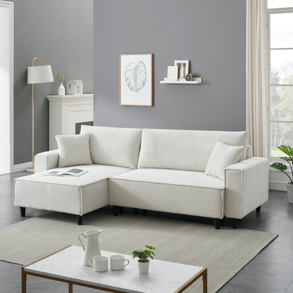 The 93-inch beige corduroy sofa bed comes with two pillows to fit in the living room and the apartment is not overcrowded