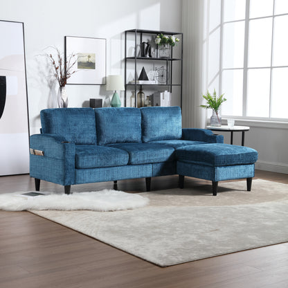 Sofa for three, solid wood frame, Chenille fabric, side pocket, with two cup holders, footstool with storagestorage sofa /Living room sofa cozy sectional sofa