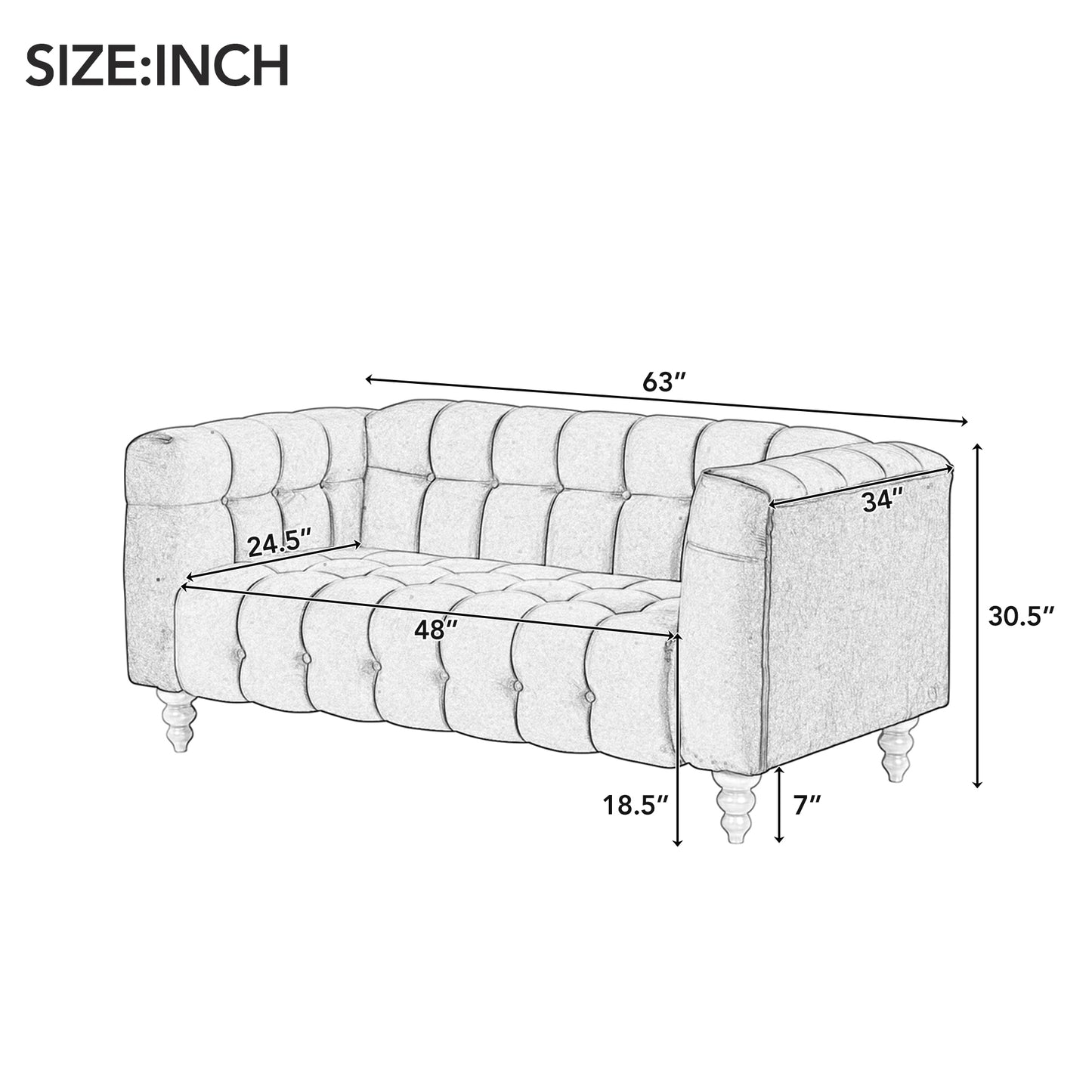 63" Modern Sofa Dutch Fluff Upholstered sofa with solid wood legs, buttoned tufted backrest,gray