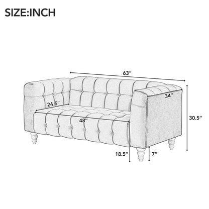 63" Modern Sofa Dutch Fluff Upholstered sofa with solid wood legs, buttoned tufted backrest,gray