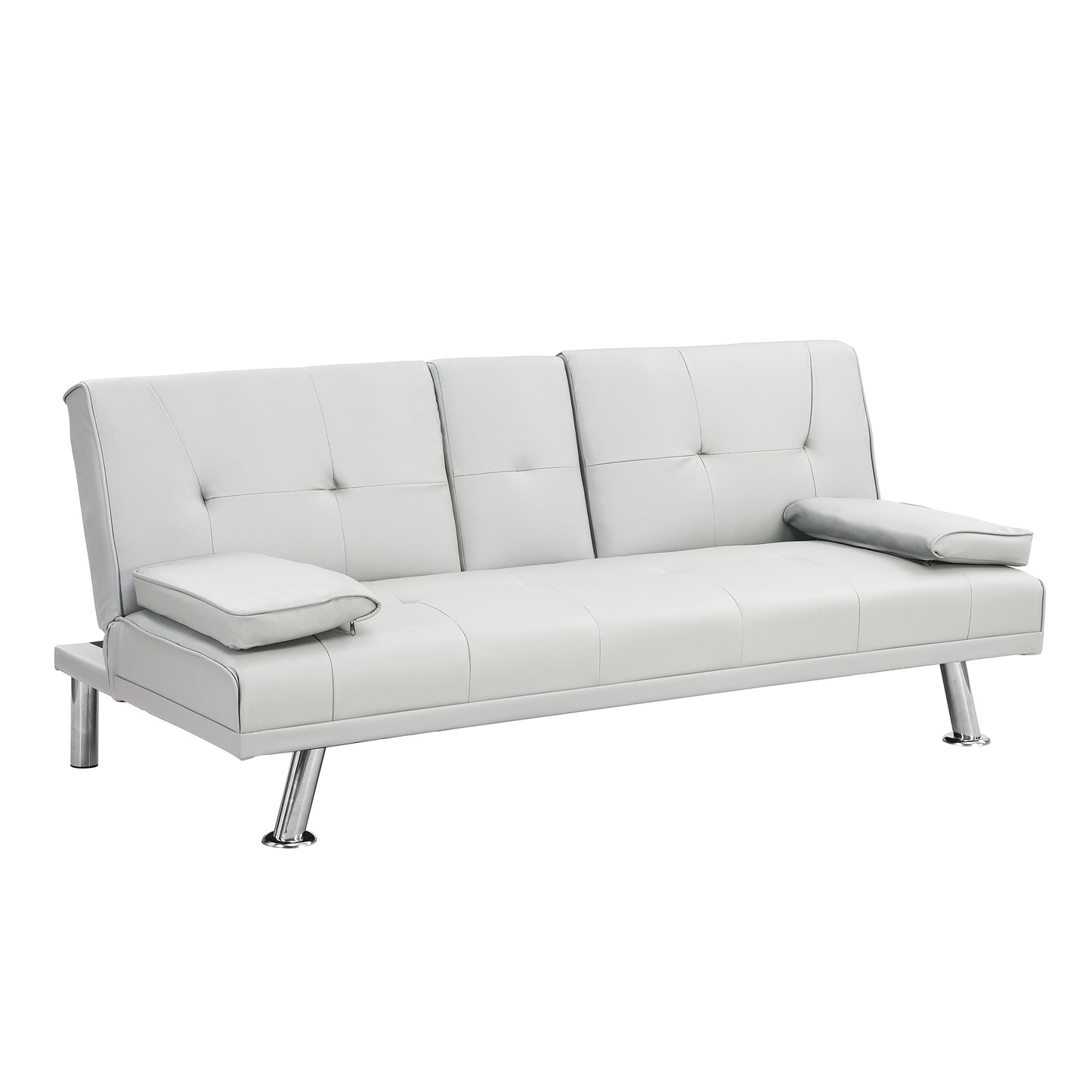 Sofa Bed with Armrest two holders WOOD FRAME, STAINLESS LEG, FUTON WHITE PVC