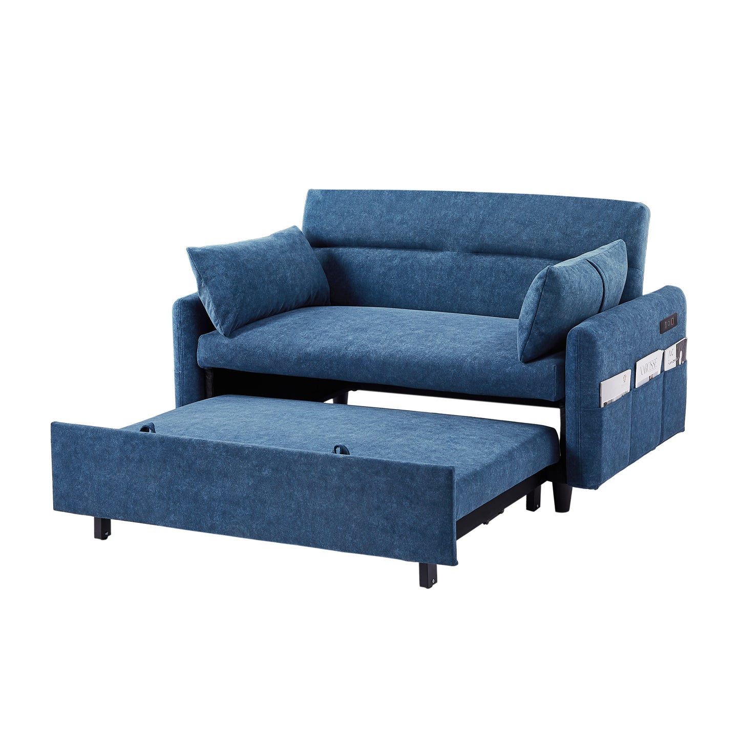 55.1" Pull Out Sleep Sofa Bed Loveseats Sofa Couch with Adjsutable Backrest, Storage Pockets, 2 Soft Pillows, USB Ports for Living Room, Bedroom, Apartment, Office, Blue (Old SKU WF307821AAC)