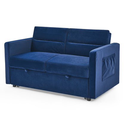 Loveseats Sofa Bed with Pull-out Bed,Adjsutable Back and Two Arm Pocket,Blue (54.5"x33"x31.5")