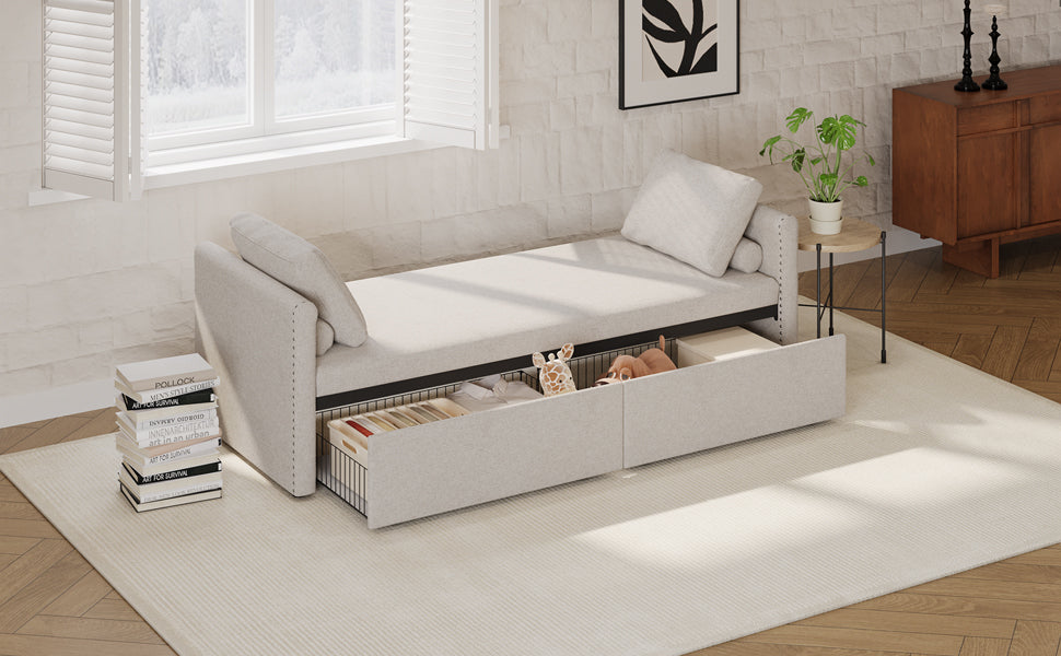 Modern Upholstered Chaise Lounger Daybed Small Single Daybed with 2 Drawers, No Mattress Needed, Perfect For Living Rooms & Home Office, Linen Fabric, Beige