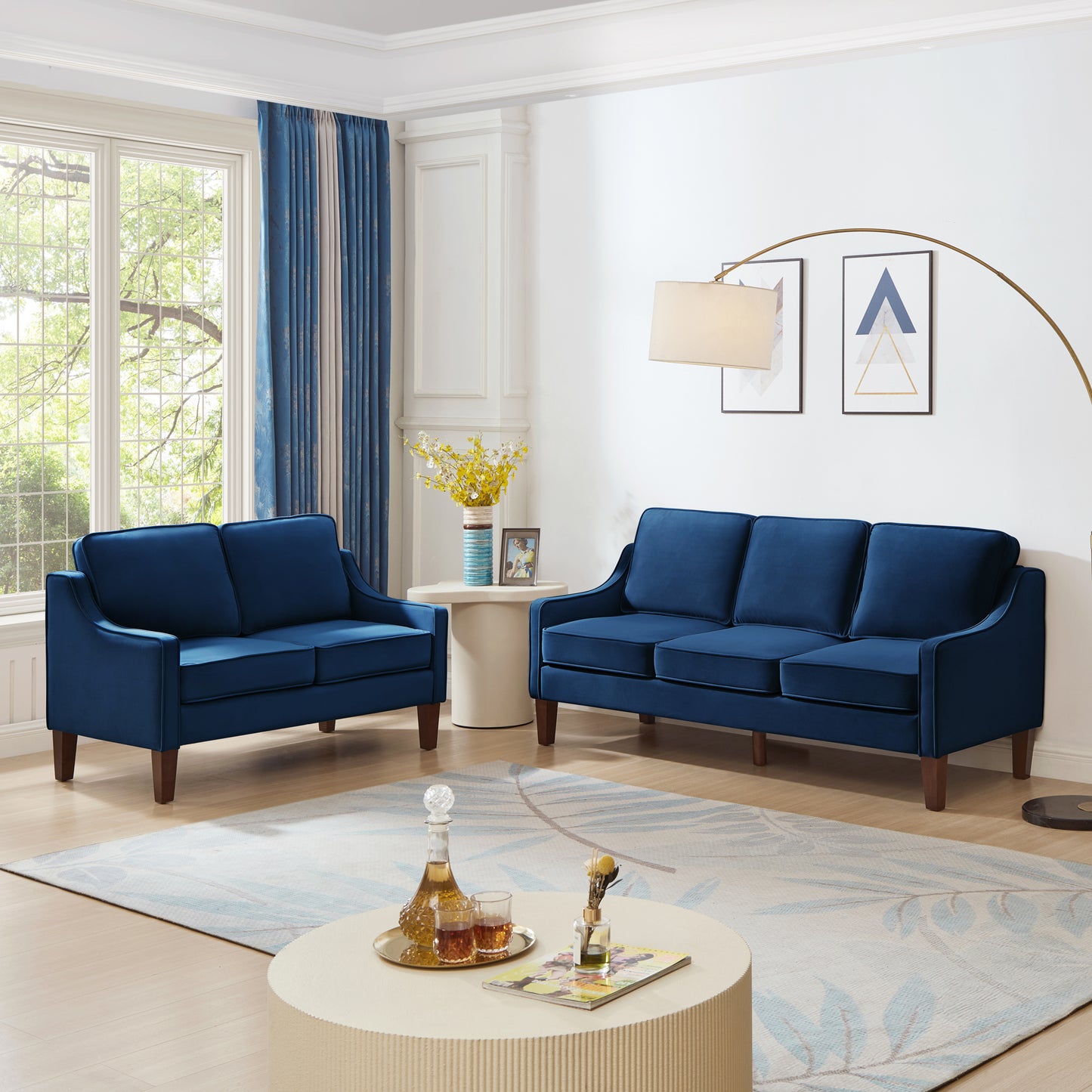 Modern Loveseat sofa for Living Room, Upholstered Velvet Small Couch with Wooden Legs for Livingroom Bedroom, Navy