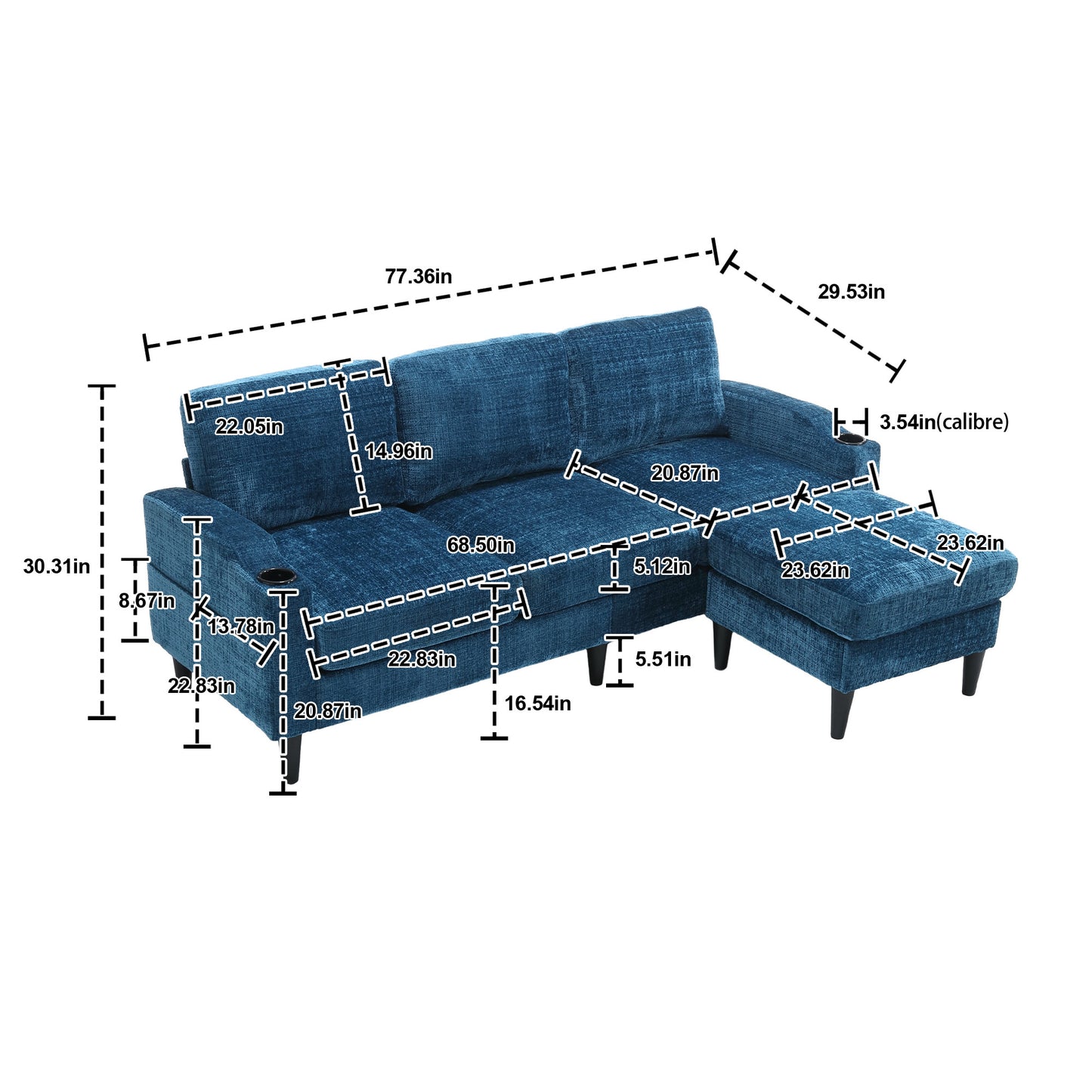 Sofa for three, solid wood frame, Chenille fabric, side pocket, with two cup holders, footstool with storagestorage sofa /Living room sofa cozy sectional sofa