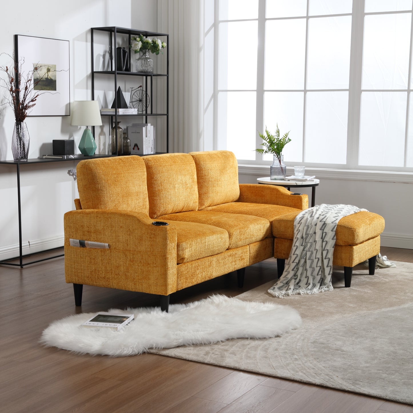 Sofa for three, solid wood frame, Chenille fabric, side pocket, with two cup holders, footstool with storagestorage sofa /Living room sofa cozy sectional sofa