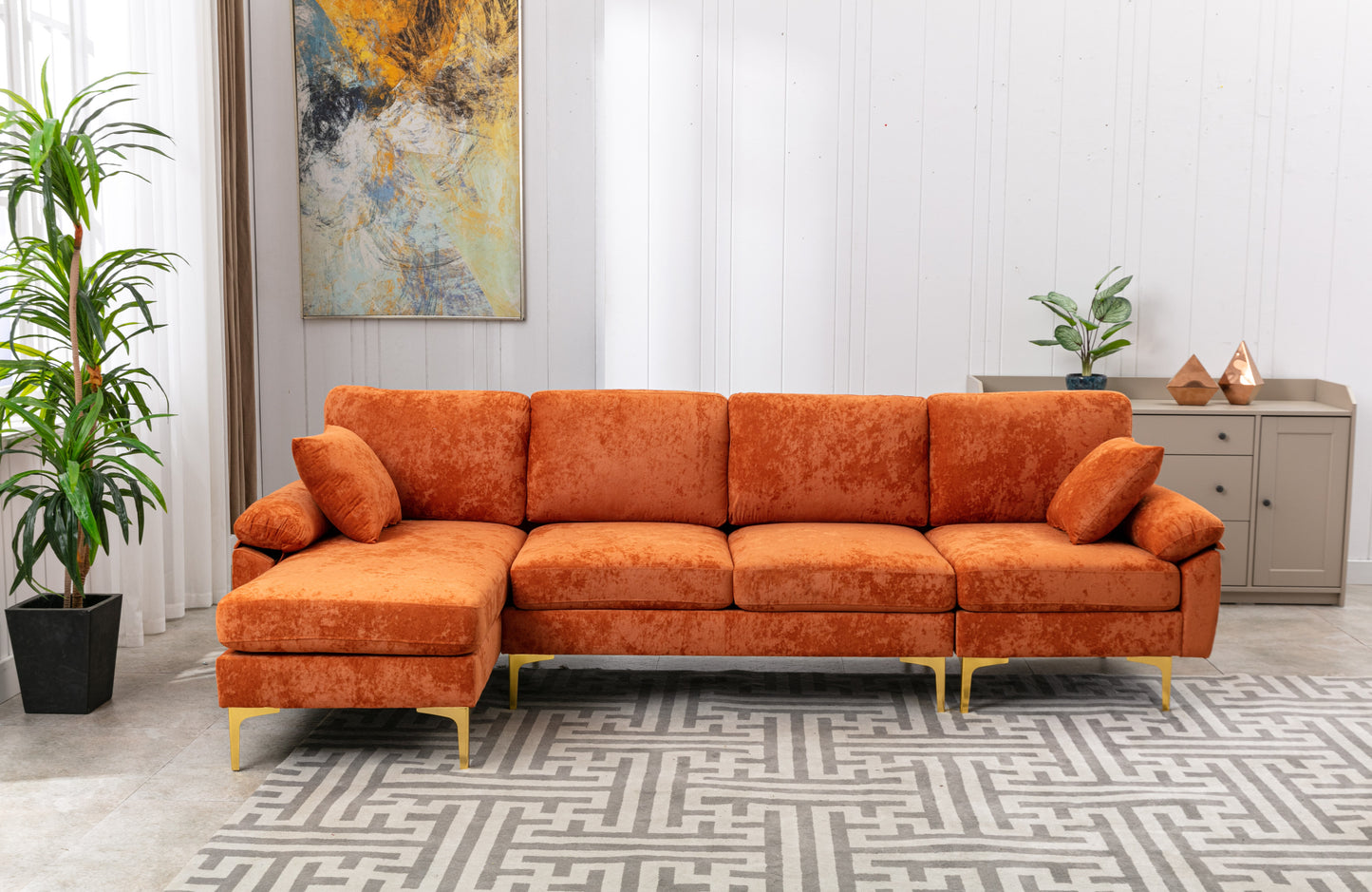 U-shape sectional sofa with Ottoman, Reversible Sofa Couch for Living Room,Spacious Furniture,Durable Couch Removable and machine washable cover (Orange Velvet)