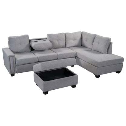 Reversible Sectional Sofa Space Saving with Storage Ottoman Rivet Ornament L-shape Couch for Large Space Dorm Apartment