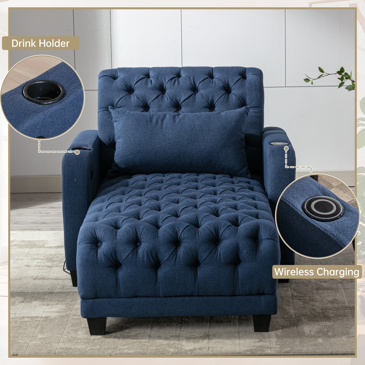 Multifunctional Living Room Leisure Chaise Lounge Barry Tufted Comfy Armchair Wireless Charging, Smooth Reclining Backrest & Lumbar Pillow for Home Apartment (Navy linen)