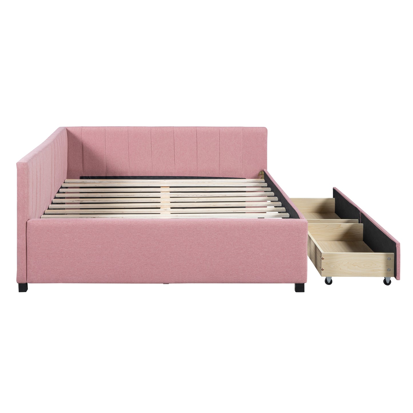 Full Size Upholstered Daybed with 2 Storage Drawers Sofa Bed Frame No Box Spring Needed, Linen Fabric (Pink)