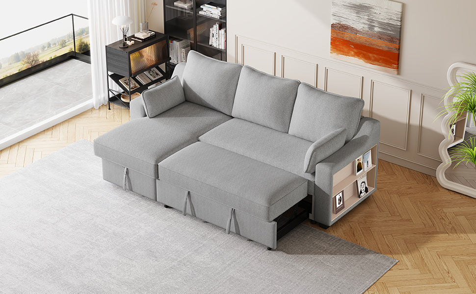 90" Pull Out Sleeper Sofa L-Shaped Couch Convertible Sofa Bed with Storage Chaise, Storage Racks and USB Ports, Light Grey