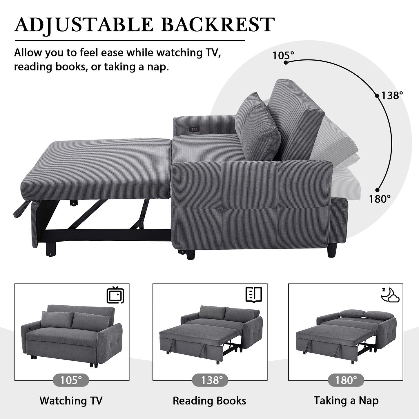 57.48" Pull-out Sofa Bed Convertible Couch 2 Seat Loveseat Sofa Modern Sleeper Sofa with Two Throw Pillows and USB Ports for Living Room, Dark Grey