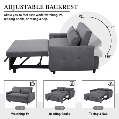 57.48" Pull-out Sofa Bed Convertible Couch 2 Seat Loveseat Sofa Modern Sleeper Sofa with Two Throw Pillows and USB Ports for Living Room, Dark Grey