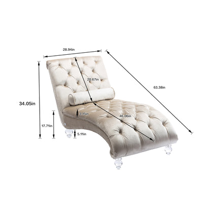 Velvet Chaise Lounge Indoor,Button-Tufted Upholstered Chaise Lounge Chair with Pillow for Bedroom Living Room Office (Beige Velvet)