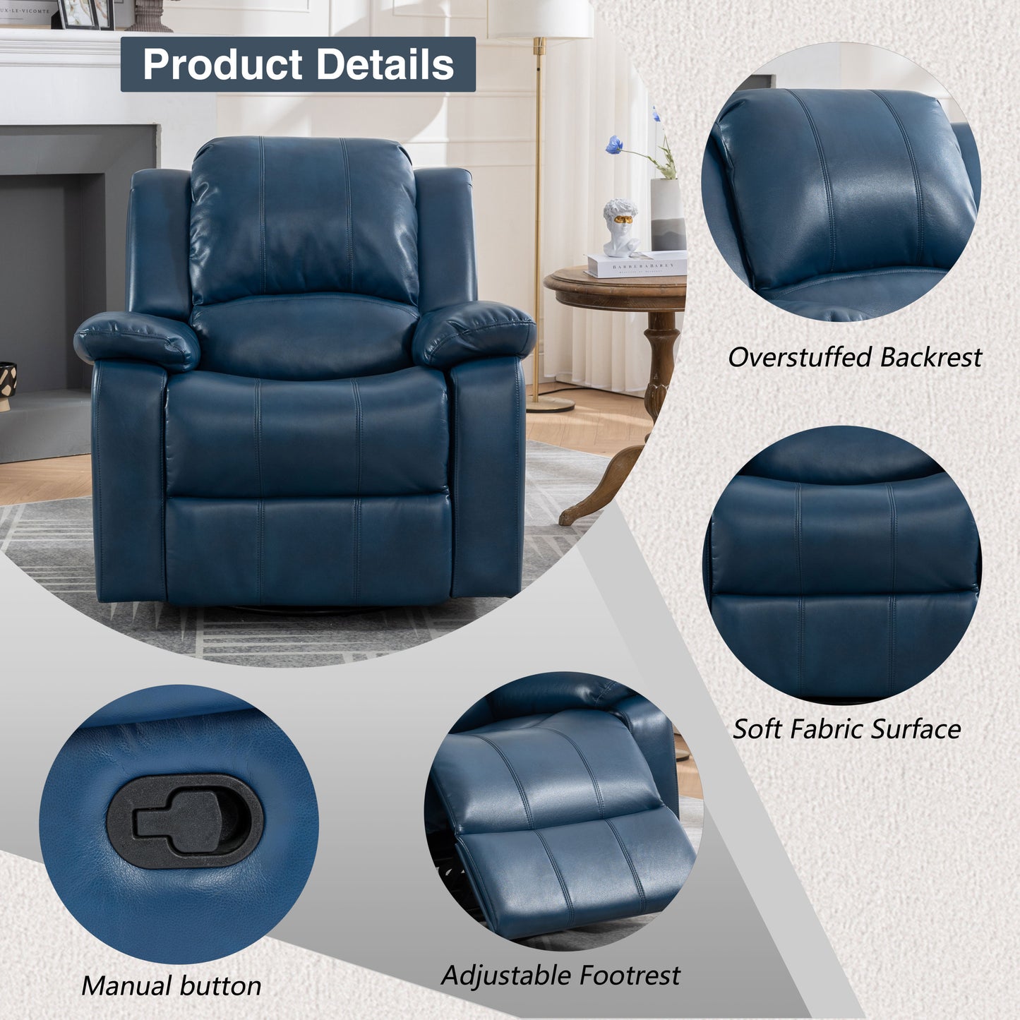 Swivel and Glider Recliner Chair,(Navy Blue)