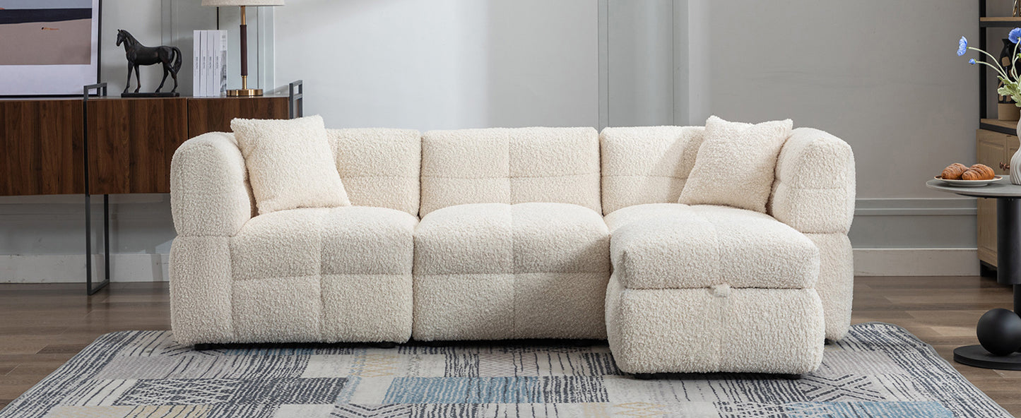 87.7" Sectional Sofa Cozy Teddy Fleece Fabric Sectional Sofa Couch with Two USB Ports a Movable Storage Ottoman and Two Lumbar Pillows for Living Room, Creamy White