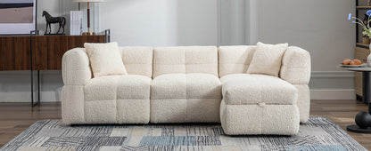 87.7" Sectional Sofa Cozy Teddy Fleece Fabric Sectional Sofa Couch with Two USB Ports a Movable Storage Ottoman and Two Lumbar Pillows for Living Room, Creamy White