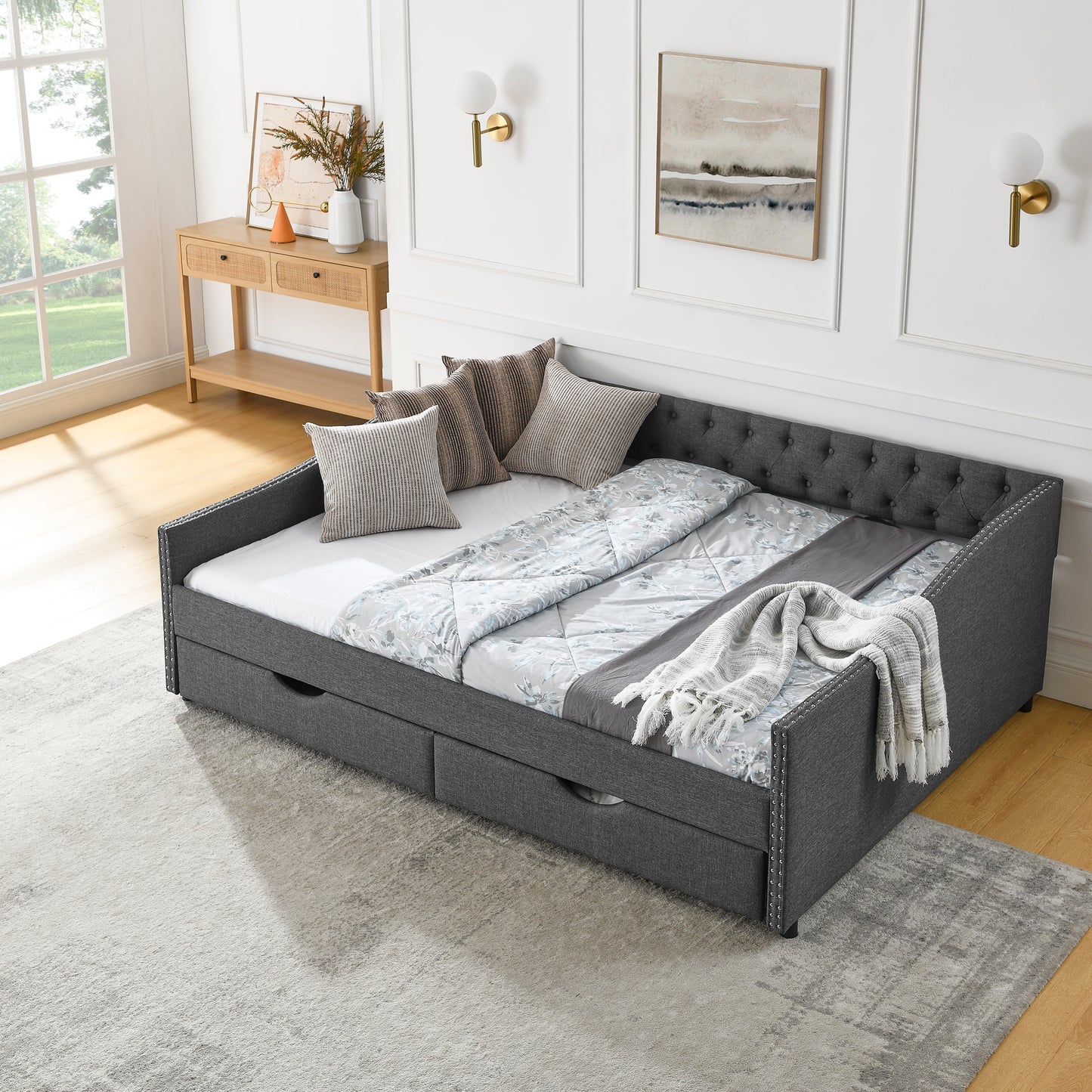 Queen Size Daybed with Drawers Upholstered Tufted Sofa Bed,,with Button on Back and Copper Nail on Waved Shape Arms(84.5"x63.5"x26.5")