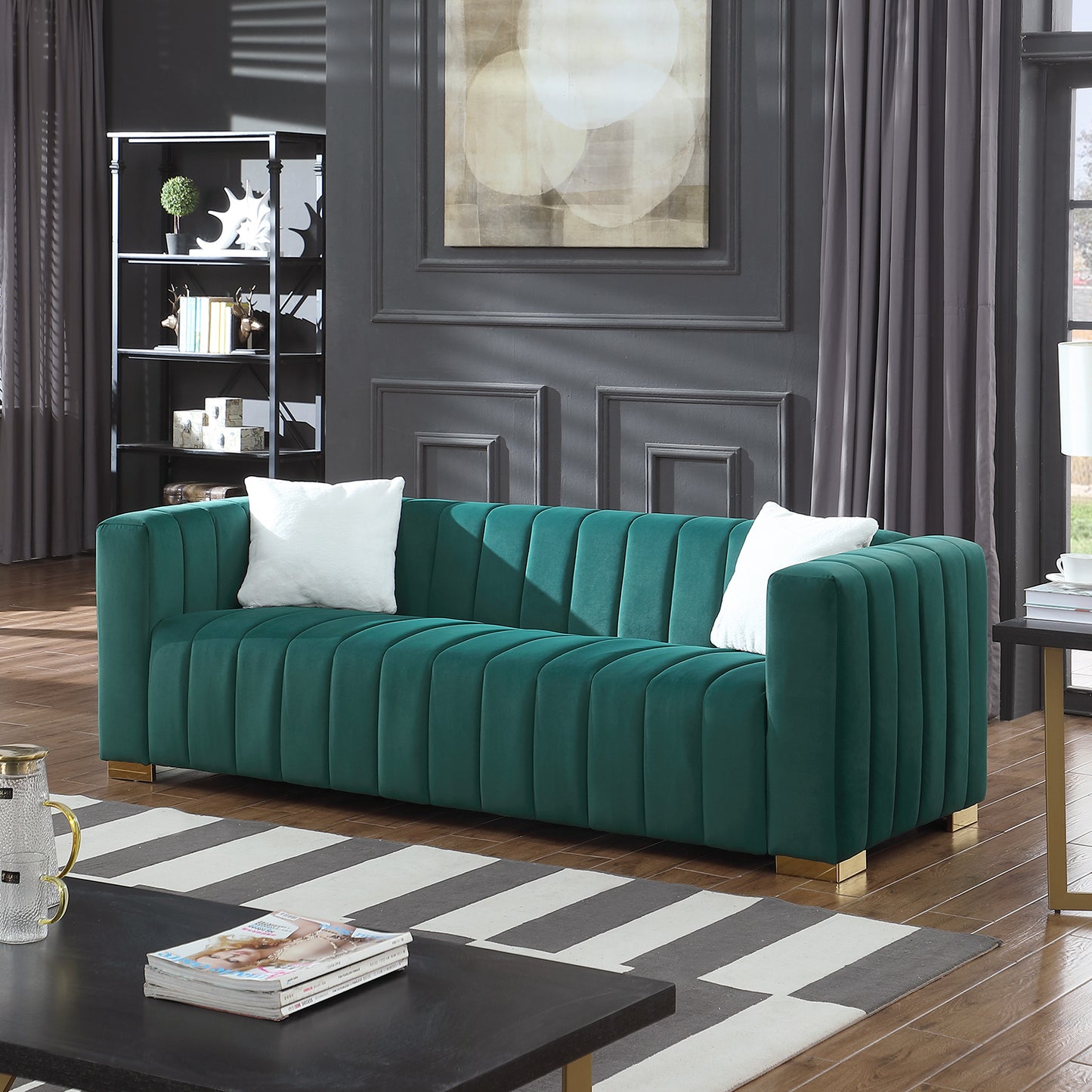 A modern channel sofa take on a traditional Chesterfield,Dark Green color,3 Seater