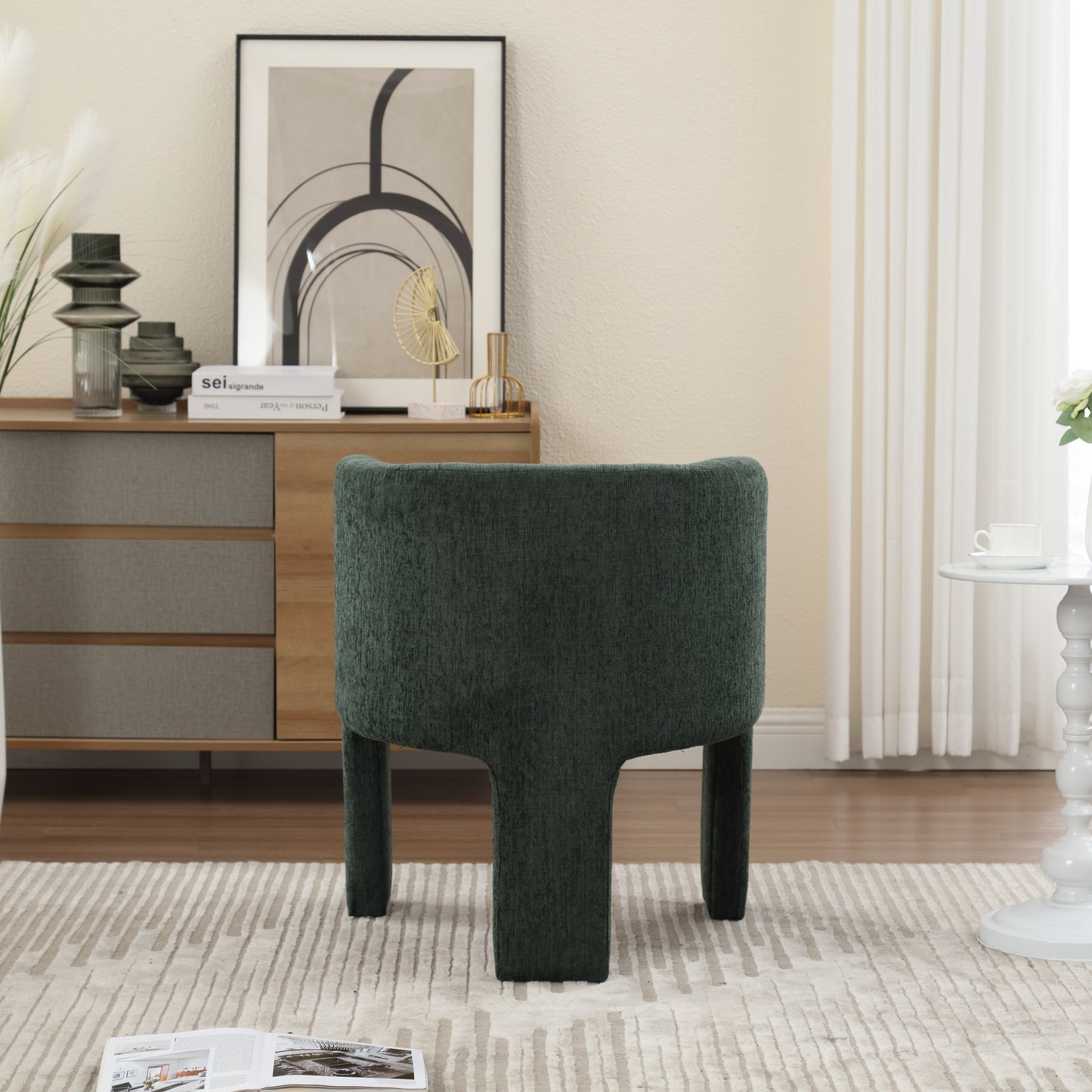 Barrel Accent Chair, Mid-Century Modern Living Room Chair, Upholstered Side Armchair with 3 Legs for Bedroom/Reading Spaces (Dark Green)