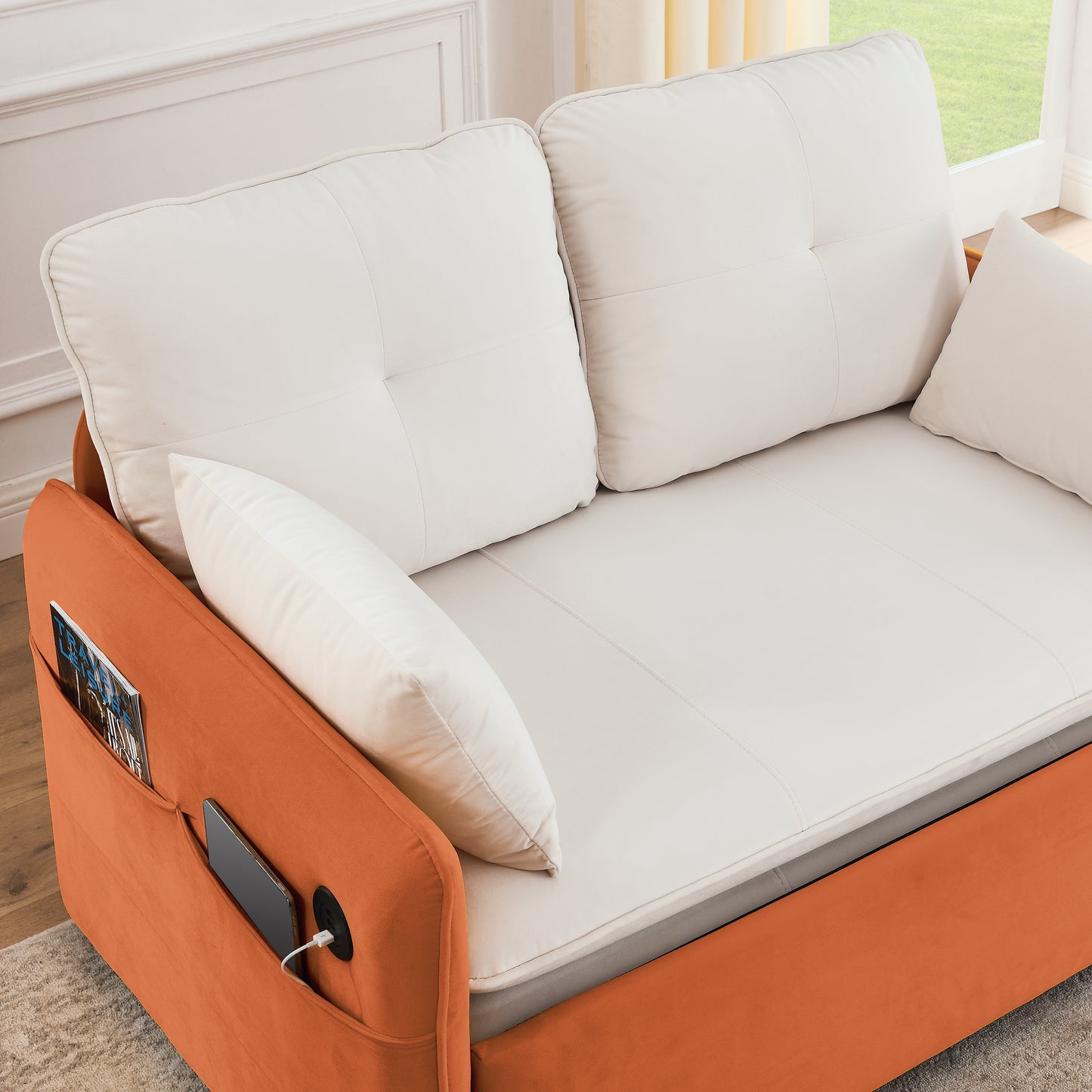 53" Modern Convertible Sofa Bed w/2 Removable Armrests w/USB Power Port, Velvet Recliner Adjustable Sofa w/Head Pull-Out Bed, 2 Pillows, For Living Room Apartment etc., White-Orange