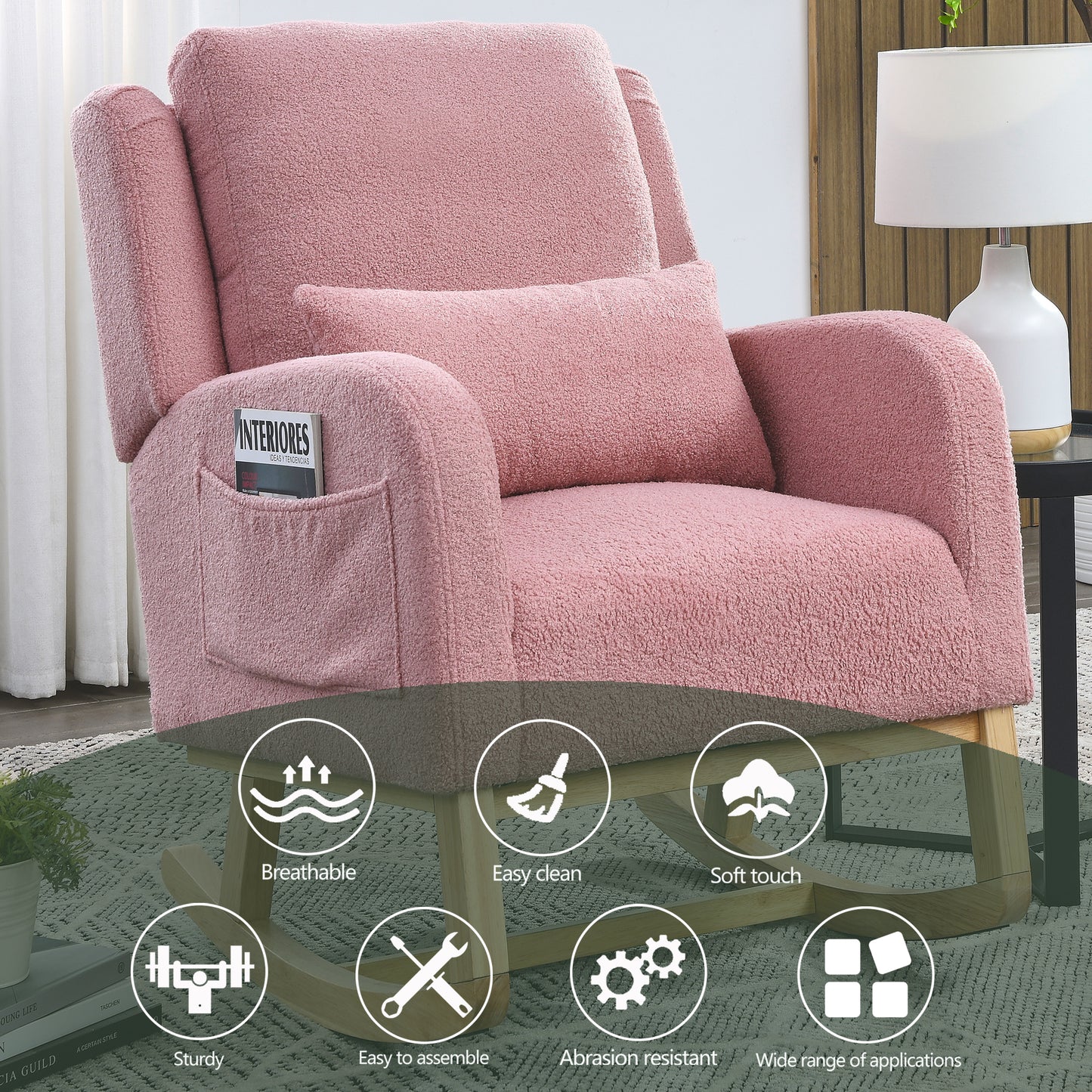 27.5 "W Modern Accent High Back Living Room Casual Armchair Rocker with One Lumbar Pillow, Two Side Pockets,Teddy.