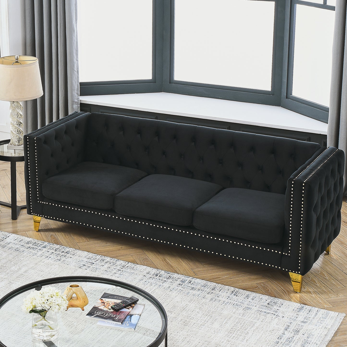 Velvet Sofa for Living Room,Buttons Tufted Square Arm Couch, Modern Couch Upholstered Button and Metal Legs, Sofa Couch for Bedroom, Black Velvet(W834S00022)