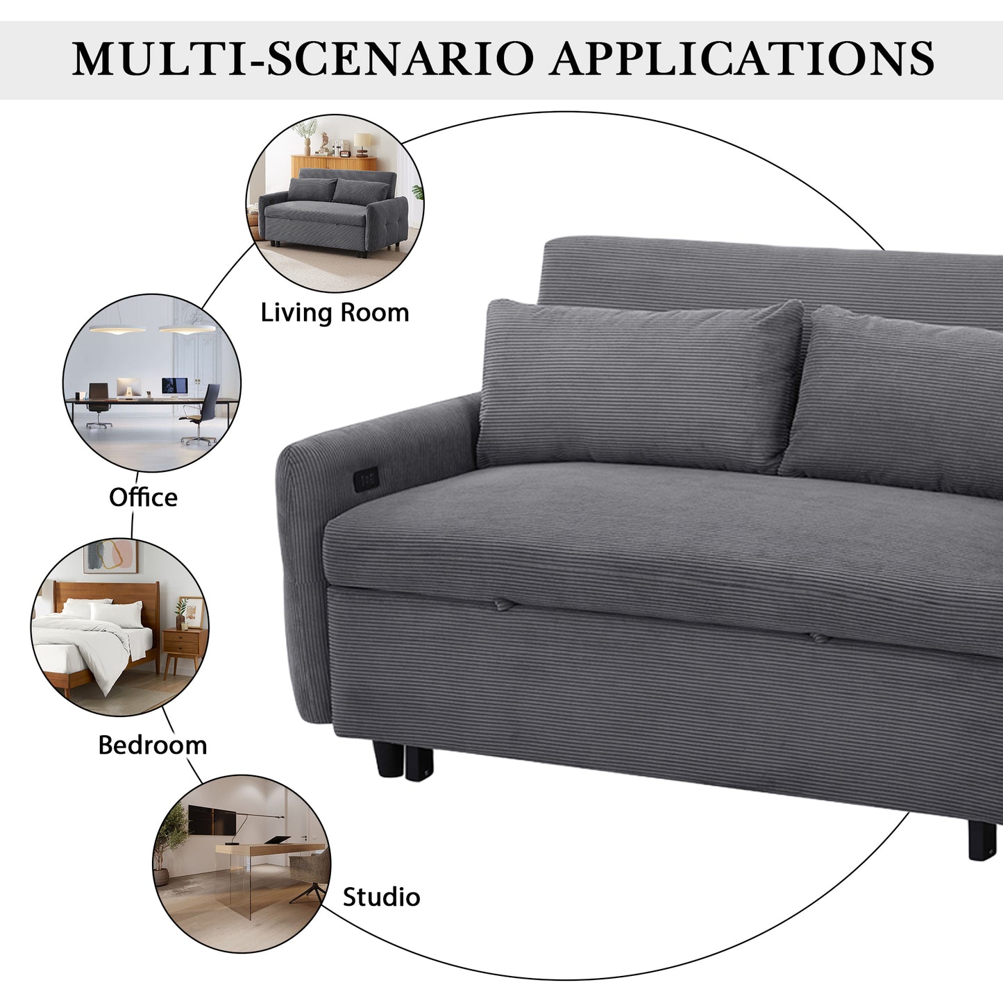 57.48" Pull-out Sofa Bed Convertible Couch 2 Seat Loveseat Sofa Modern Sleeper Sofa with Two Throw Pillows and USB Ports for Living Room, Dark Grey