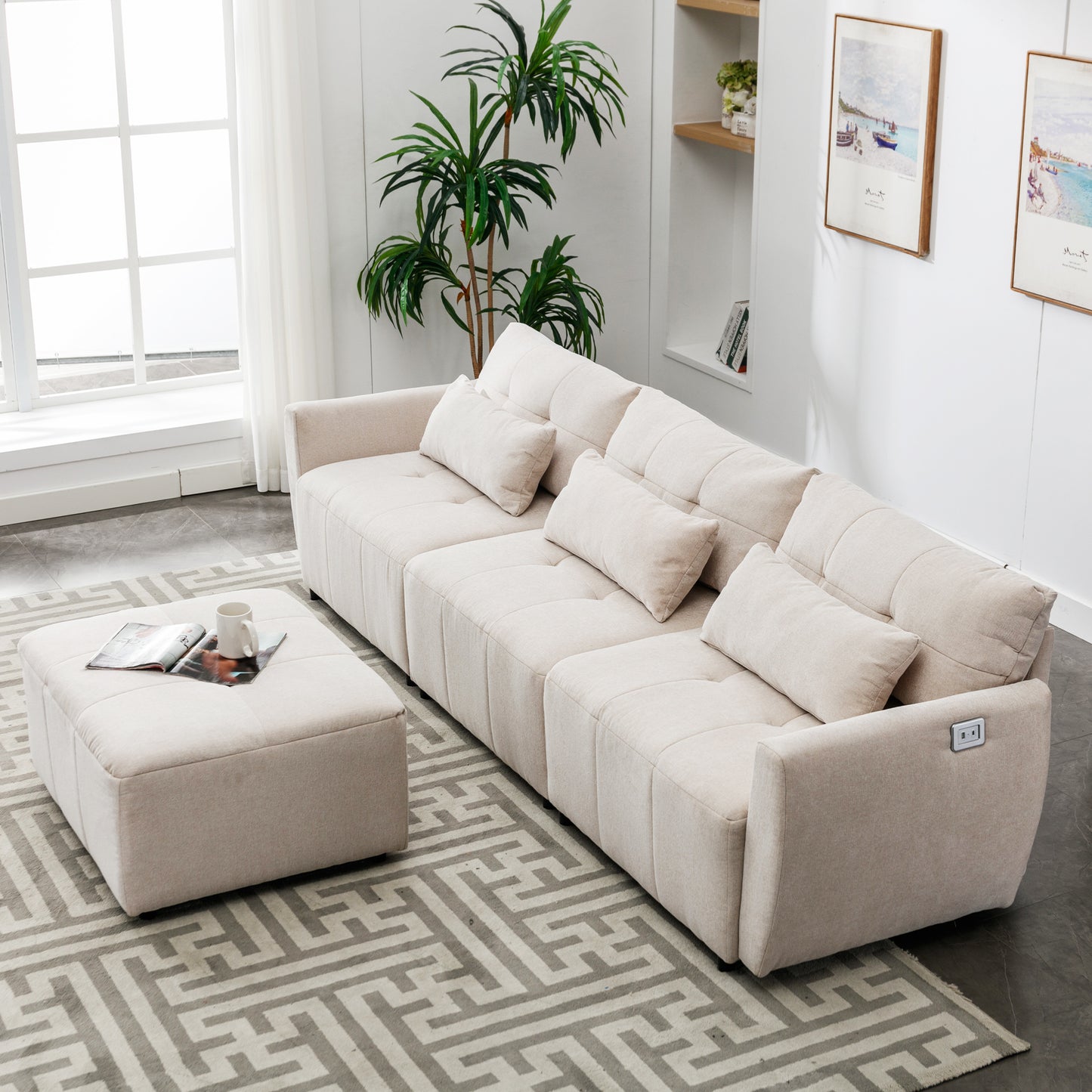 113.3" Convertible Sectional Sofa Couch 3-Seat L-Shaped Sofa with Movable Ottoman and USB for Apartment, Living Room, Bedroom, Beige